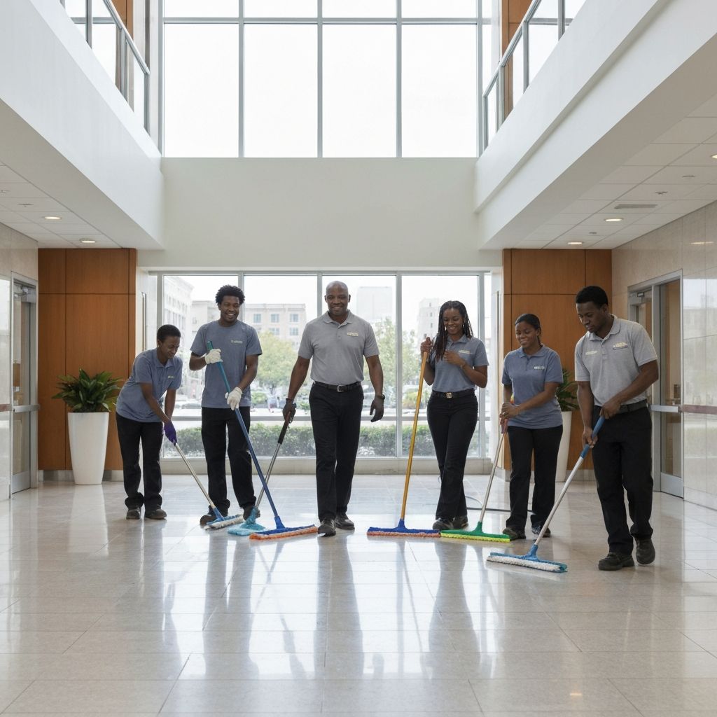 Professional commercial cleaning team at work